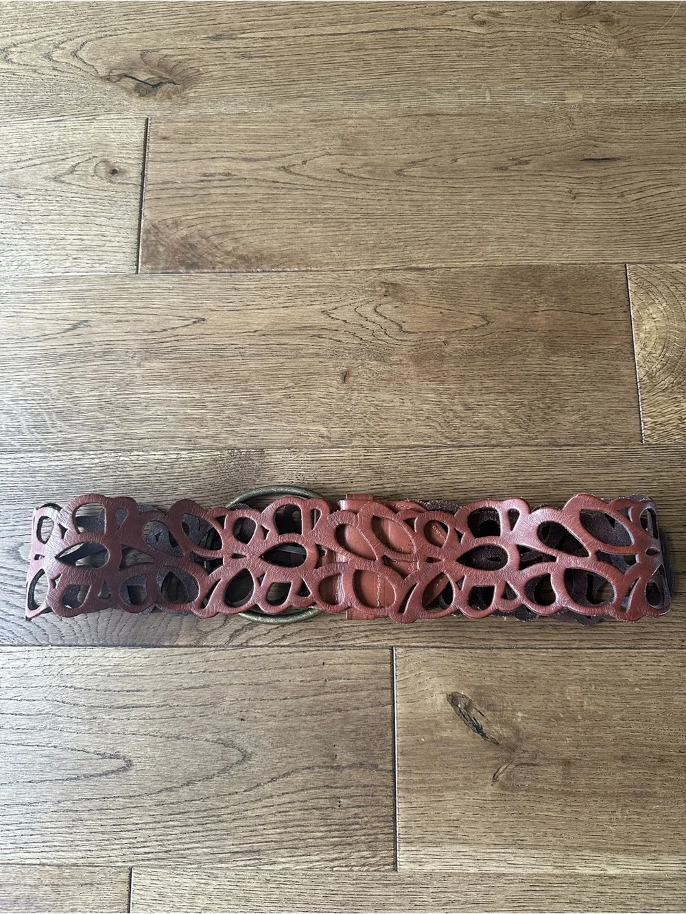 New Garnet Hill Laser Cut Leather Wide Belt Brass Finish Buckle Sz 34